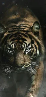 Majestic tiger prowling through a dark, misty forest on mobile wallpaper.