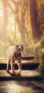 White tiger walking through an enchanting, lush green forest scene.