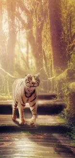 Majestic tiger walking on a forest pathway bathed in sunlight.