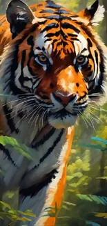 Majestic tiger in a vibrant forest setting.