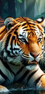 Majestic tiger in a lush forest setting with stunning orange and black stripes.