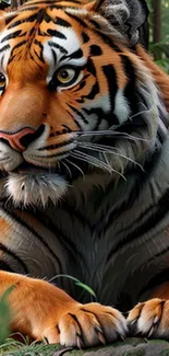 Majestic tiger resting in a lush forest.