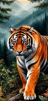 A majestic tiger walking through a lush forest with misty mountains in the background.
