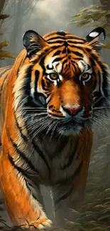 Majestic tiger walking through a forest in digital art style.