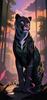 Majestic tiger in illuminated forest at sunset, captured in artistic style.