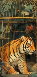 Tiger in a golden cage with lush background.