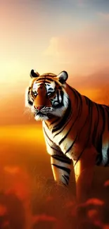 Majestic tiger standing in a golden sunset field with vibrant orange hues.