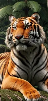 Majestic tiger resting in lush jungle scenery.