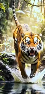 Tiger roaring and splashing in jungle river