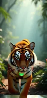 Tiger in lush jungle with vibrant light