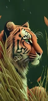 Illustrated tiger in a green jungle setting, perfect for mobile wallpaper.