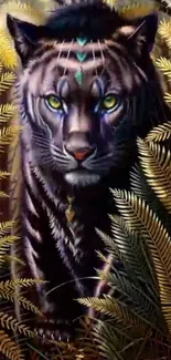 Vivid artwork of a majestic tiger in a lush jungle setting with golden ferns.