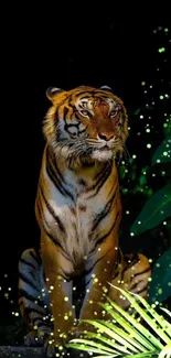 A majestic tiger illuminated in a glowing jungle setting, with lush green foliage.