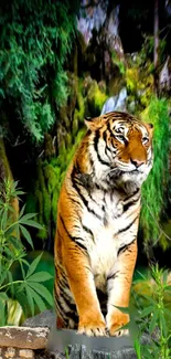 Majestic tiger sitting in a lush jungle setting.