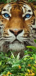 Majestic tiger with blue eyes in green jungle setting.