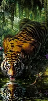 Majestic tiger drinking water in lush jungle setting.