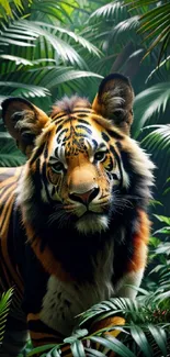 Majestic tiger in lush green jungle foliage wallpaper.