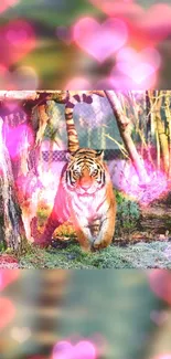 Tiger walking through a dreamy forest with pink heart effects.