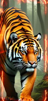 Majestic tiger walking through a misty forest with vibrant orange stripes.