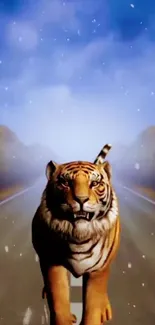 Running tiger wallpaper with misty blue sky and forest road.