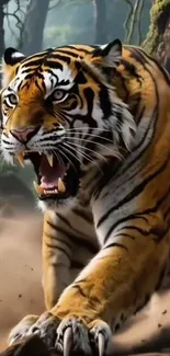 A fierce tiger roaring in the jungle, showcasing its power.