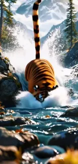 Tiger jumping in a mountain stream scene, vibrant colors.