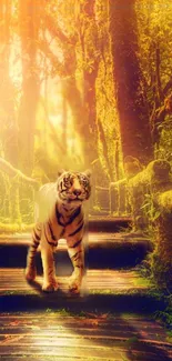 A majestic tiger walking through a mystical, sunlit forest pathway.