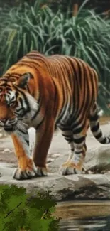 Majestic tiger walking in lush jungle.