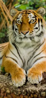 Majestic tiger lounging in lush greenery with vibrant colors.