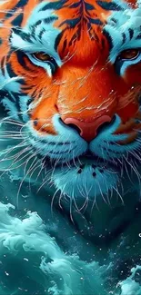 Tiger with ocean waves in digital art wallpaper.
