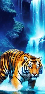 Tiger walking through a vibrant waterfall jungle, showcasing nature's beauty.