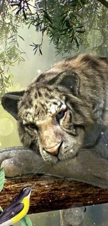 Tiger resting on a log in a sunlit forest.