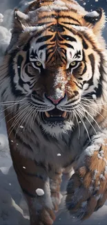 Fierce tiger in snowy landscape for mobile wallpaper.