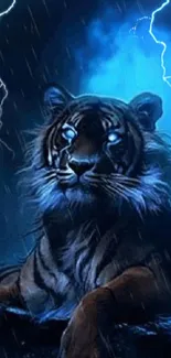 Majestic tiger under stormy blue lightning night.