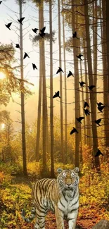 Tiger and birds in a sunlit forest at sunset.