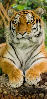 Majestic tiger lounging in the lush jungle, vibrant nature scene.