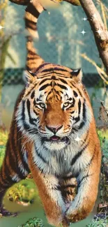 Majestic tiger walking in the jungle, surrounded by lush greenery.