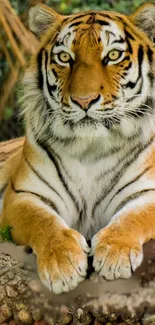 Close-up of a tiger relaxing in a natural setting, showcasing its striking orange fur.