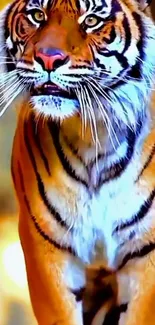 Vibrant tiger in bright orange hues on jungle background.