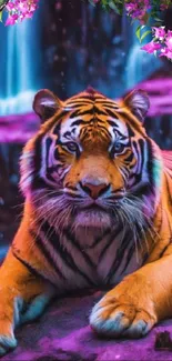 Majestic tiger resting by a vibrant waterfall in a lush, colorful setting.