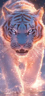 Majestic tiger walking in glowing light and water.