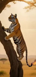 Tiger climbing a tree in savannah setting.