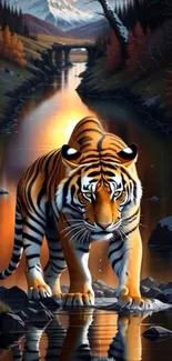 Majestic tiger walking along a river in a forest setting.