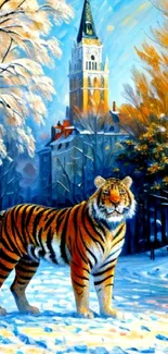 Tiger in a snowy winter scene with a historic tower in the background.