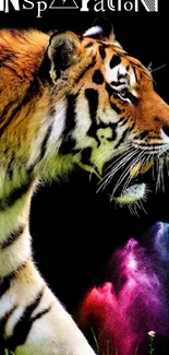 Majestic tiger with colorful aura on black background, featuring the word 'Inspiration'.