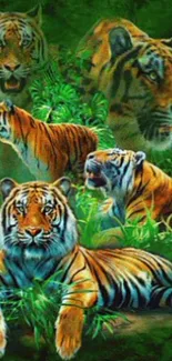 Tigers in a lush green jungle, vibrant mobile wallpaper scene.