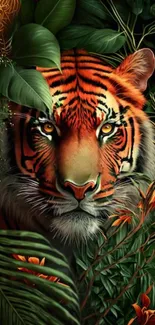 Majestic tiger in vibrant jungle foliage wallpaper.