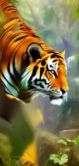 Majestic tiger in a vibrant jungle setting.