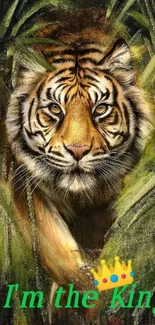 Majestic tiger in jungle with crown text.