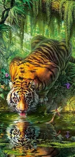 Majestic tiger in lush jungle with reflection in water.